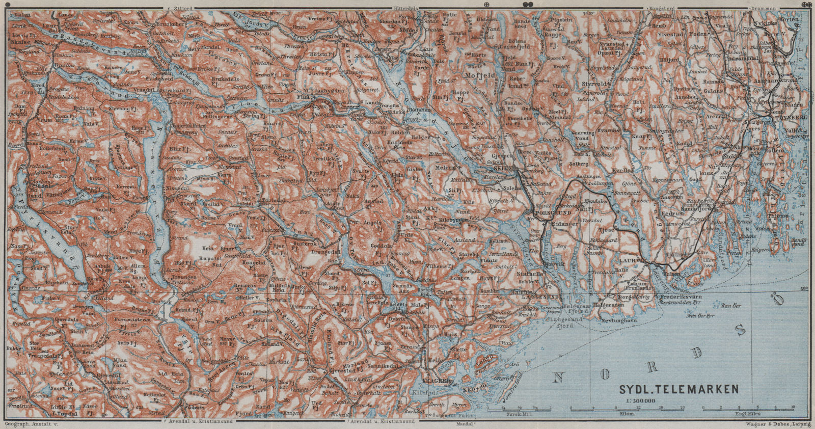 SOUTH TELEMARKEN. Tonsberg Larvik Sandefjord Skien Kragero. Norway 1909 map